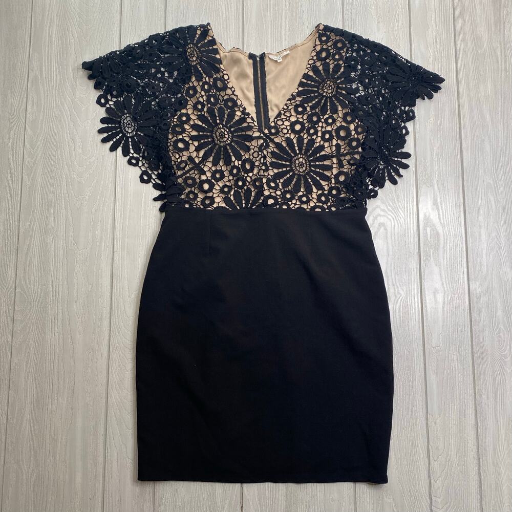 Soieblu Black & Nude Lace Top Cocktail Bodycon Mini Dress Size 2X
